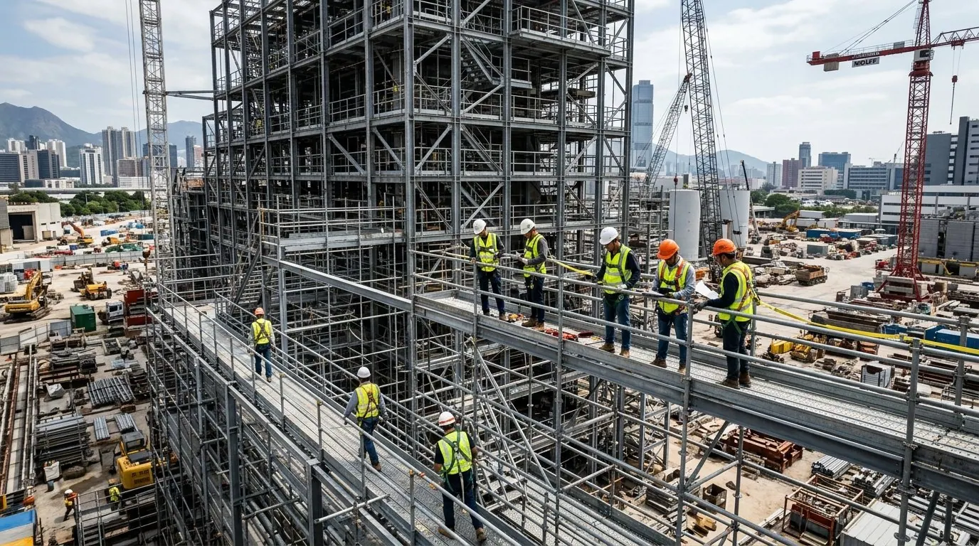 Trabalhadores em andaimes de grande canteiro industrial durante inspeção de segurança e apr para trabalho em altura.