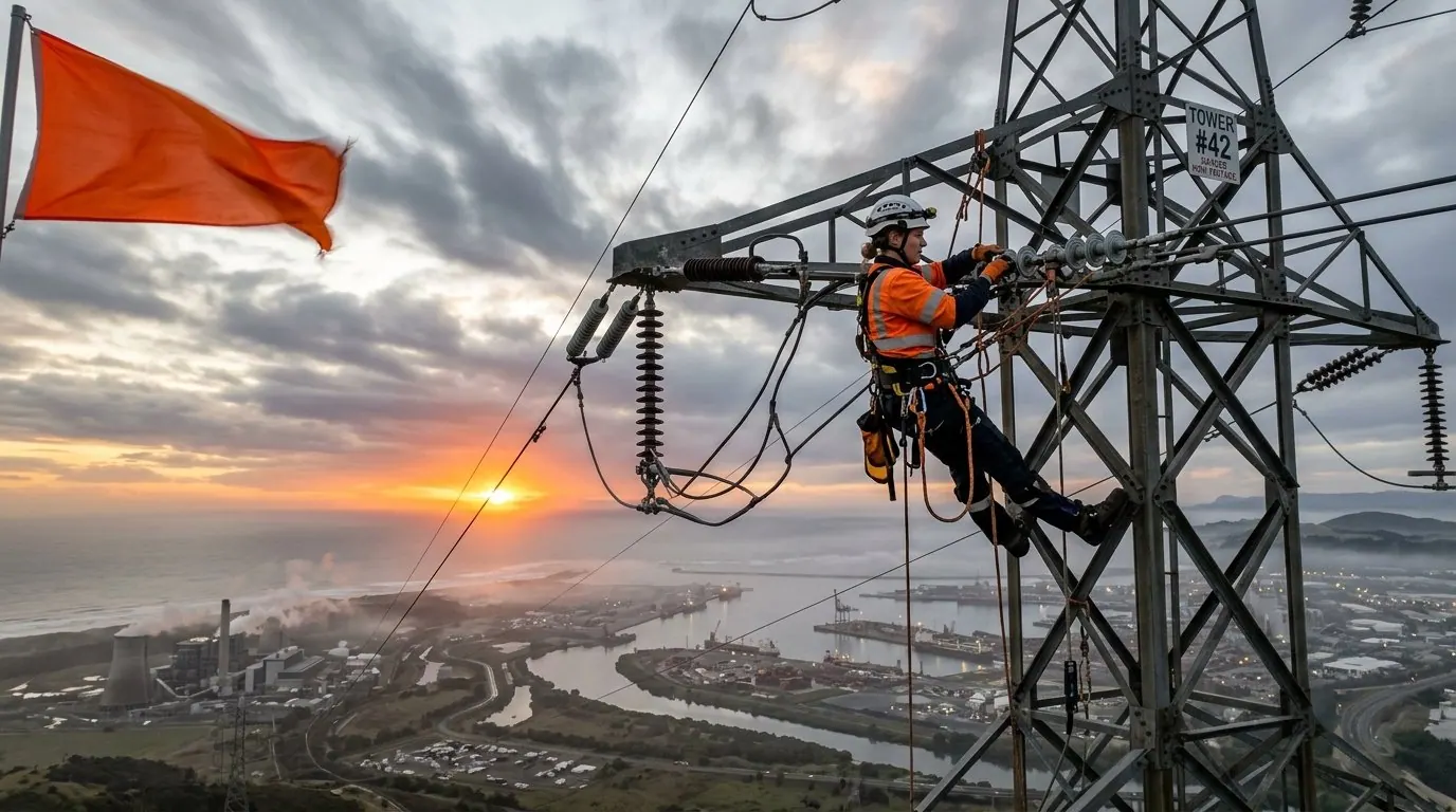 Trabalhador em torre alta sob ventos fortes e neblina, analisando fatores ambientais no trabalho em altura em plano aberto.