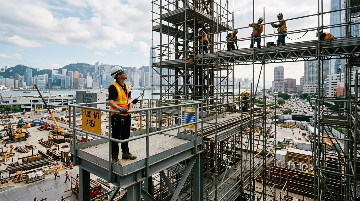 Inspetor observa obras em grandes alturas garantindo a fiscalização no trabalho em altura em canteiro industrial.