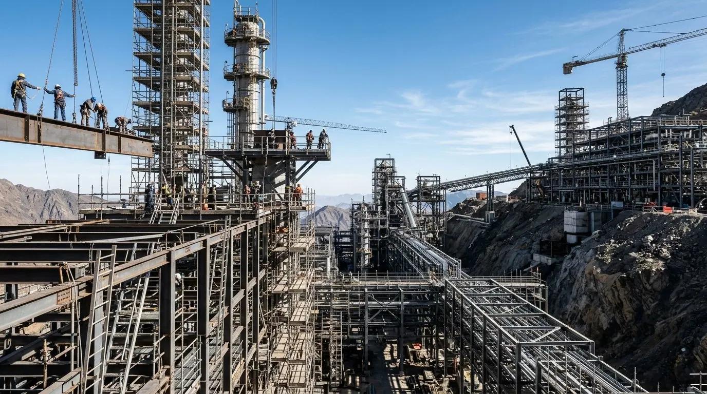 Vista ampla de canteiro de obras com andaimes altos ilustrando riscos de queda de objetos no trabalho em altura.