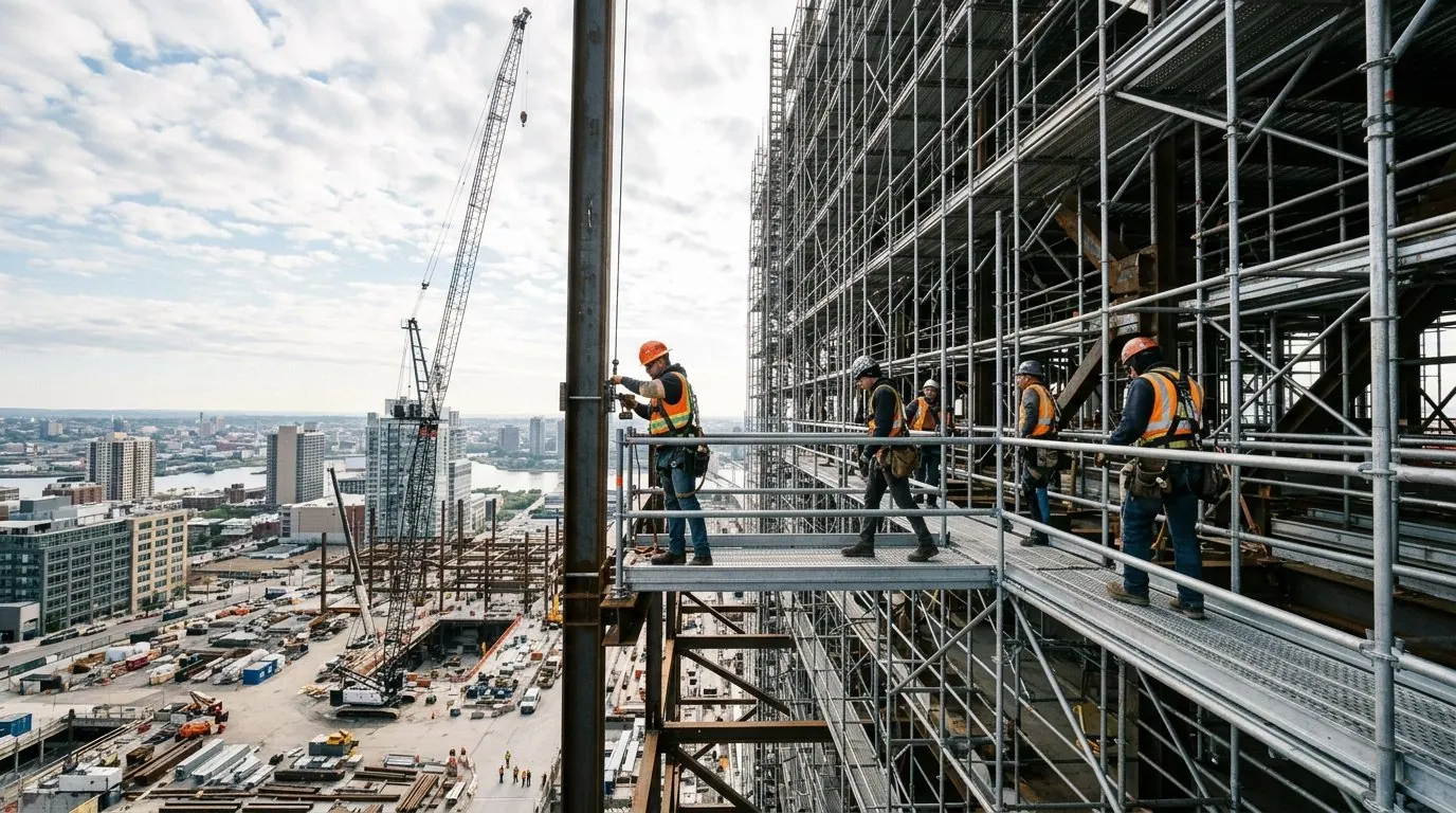 Trabalhadores em andaimes altos de uma obra industrial sob risco de queda no trabalho em altura. Vista panorâmica.